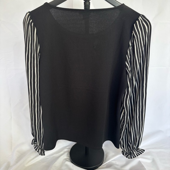 Ann Taylor Elegant Black Top with White Striped Sheer Sleeves Women’s Small - Picture 5 of 5
